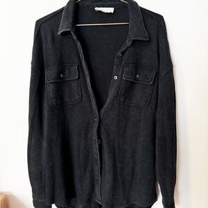 black waffle knit button down sweater